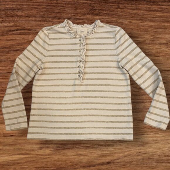 Sézane Gaël Marinière Top Ivory & Gold Striped Long Sleeve with Ruffle Trim XS - Picture 5 of 14